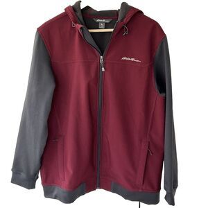 Eddie Bauer Mens Coat Size Large Red Gray Zip Front Hooded Jacket Outdoor